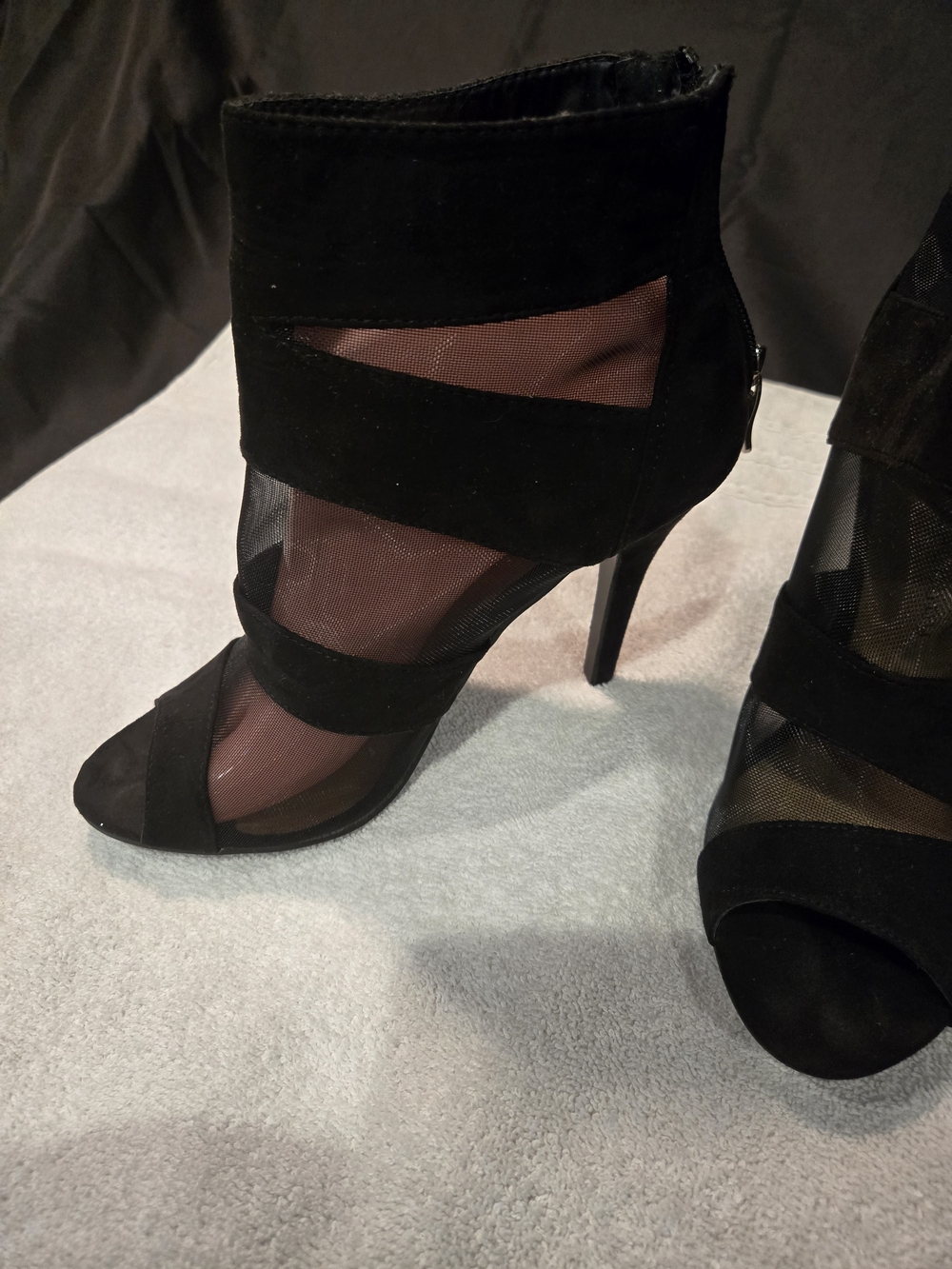 Women's Black Mesh & Suede Peep-Toe Stiletto Ankle Boots